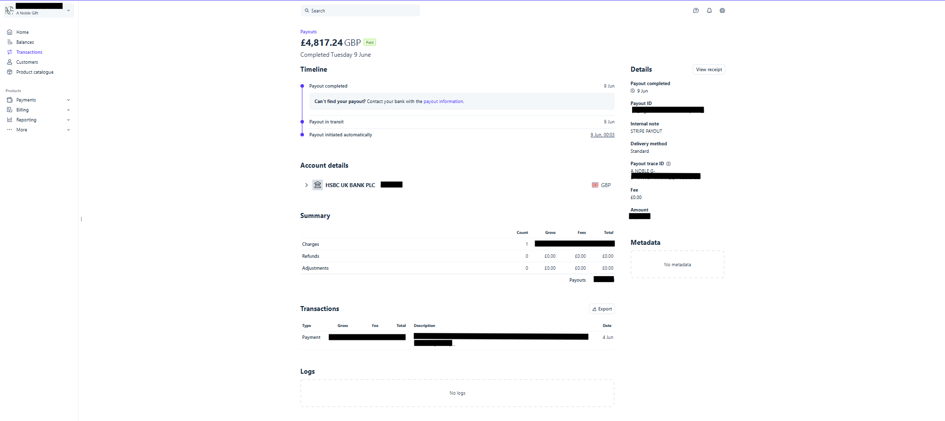 Example payout breakdown in the Stripe Express dashboard