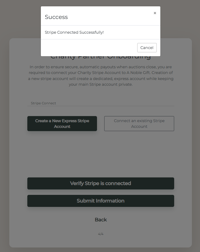 Confirmation message showing Stripe has been verified as connected