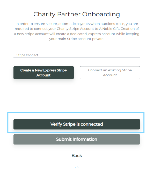 Verify Stripe is Connected button on the Charity Onboarding Form