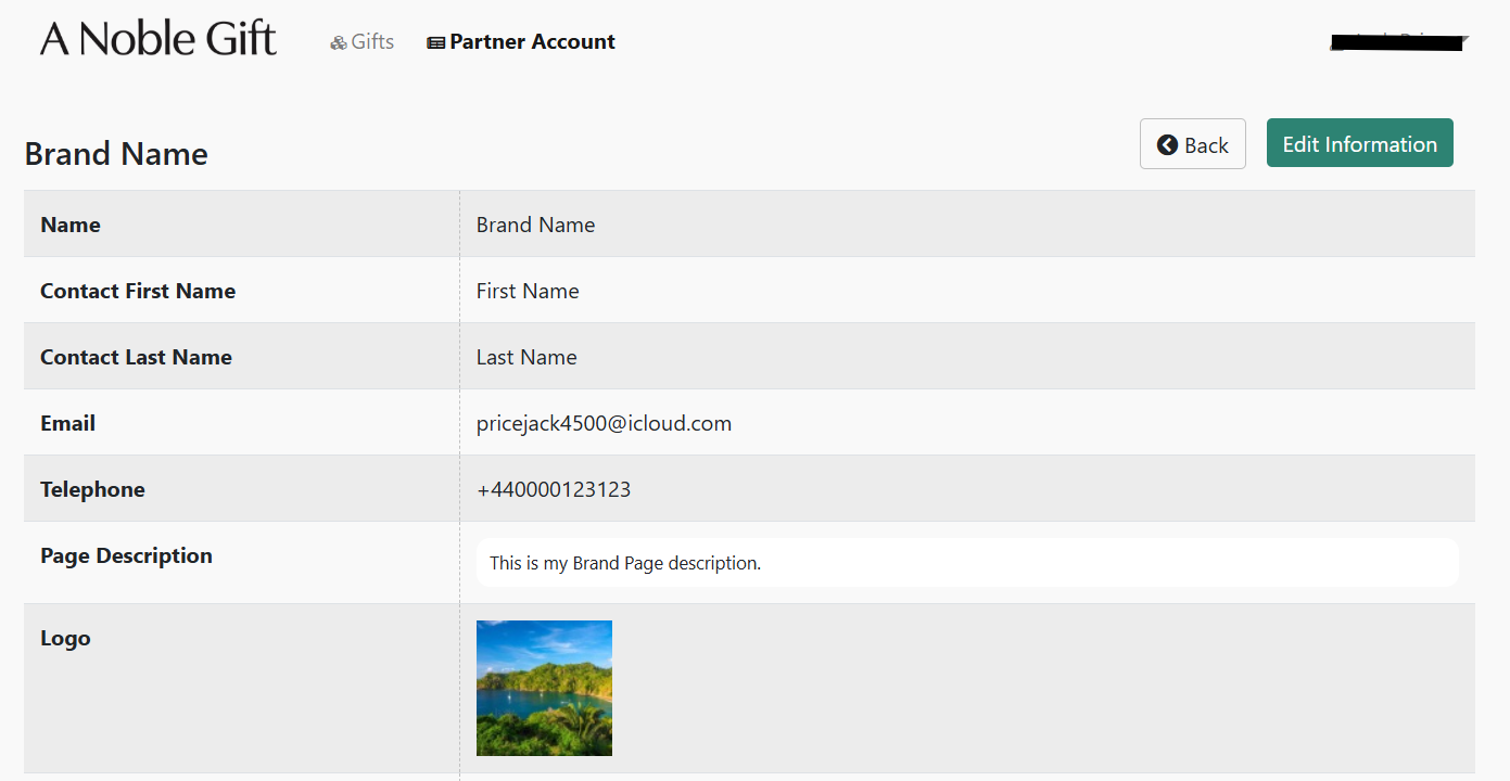 Partner Page detail view in the VMS, with Edit Information and Back buttons