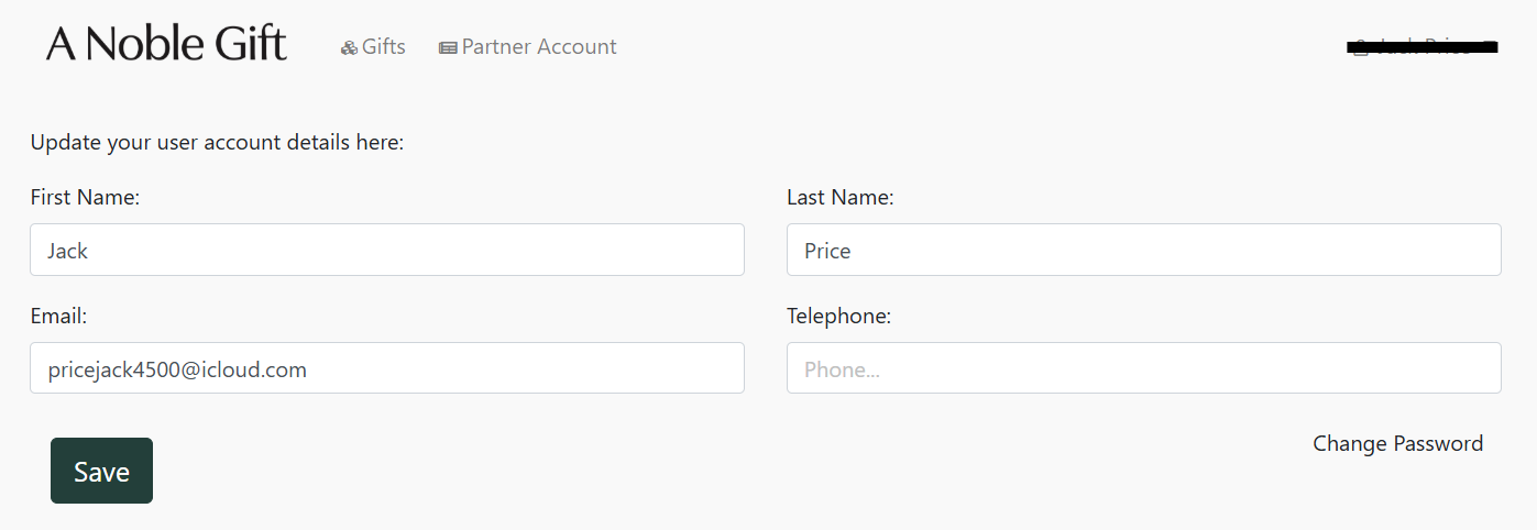 Update your user account details form in the VMS, showing First Name, Last Name, Email, and Telephone fields